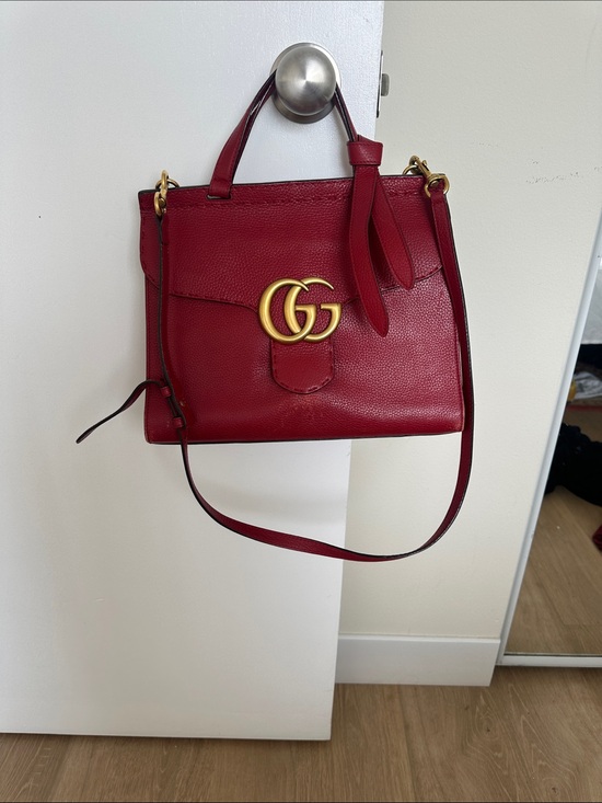 Gucci Handbags - Gucci  Red Leather Top Handle Satchel with Gold Double G